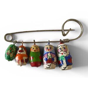 Vtg Russian Matryoska Nesting Doll Handmade Christmas Theme Pin Brooch